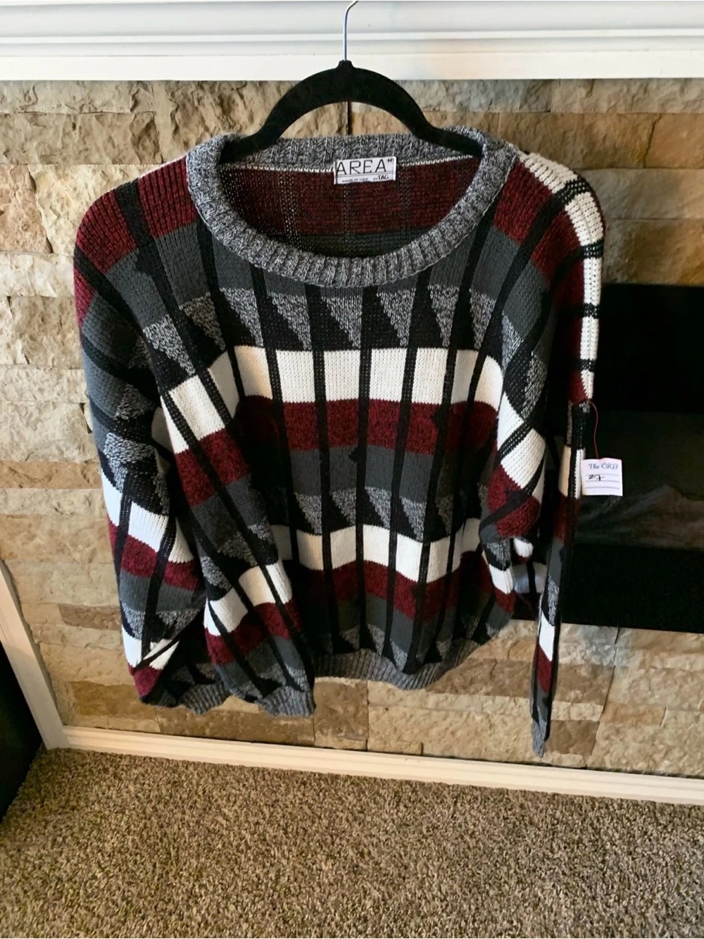 80d Vintage AREA Colorblock Geometric Crewneck Sweater in Burgundy, Gray & White